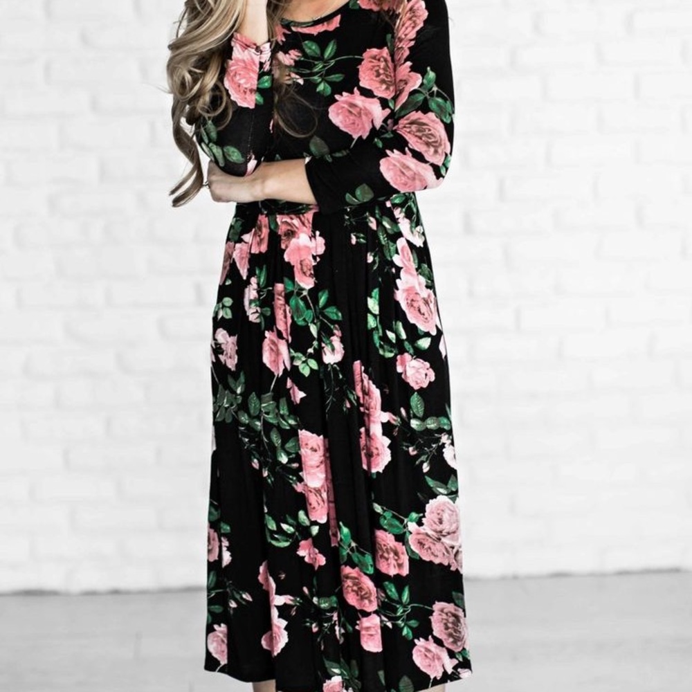 JessaKae Black Floral Midi Rose Dress